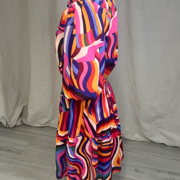 THML Smocked Puff Sleeve Multicolor Midi Dress Sz M - Picture 5 of 9